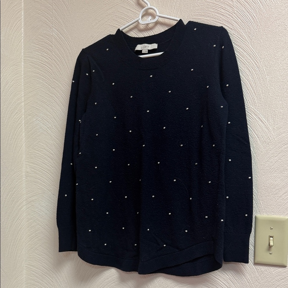 LOFT Navy Crew Sweater with Pearl Dot Accents